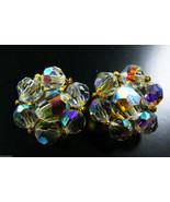 Vintage  Aurora Borealis Crystal beads Cluster clip on Earrings gold ton... - £44.60 GBP