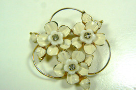Vintage Gold tone metal Milk Glass Crystal Enamel Flower pin brooch Austria - £48.03 GBP