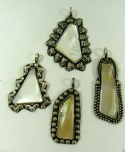 Vintage Lot of 4 White Mother of Pearl Silver Tone Metal Fashion Pendants Charm - $39.00