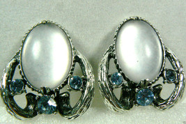 Designer Selro Corp Signed Silver Tone Metal Blue Crystal Clip On  Earrings - £73.52 GBP