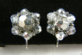 Silver Tone Metal Round Crystal Beads Flower Clip Earrings $0 Sh - £25.14 GBP
