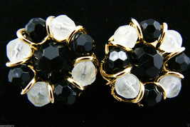 Gold Tone metal Black &amp; Frosted  White cluster glass beaded round Clips Earrings - £25.08 GBP
