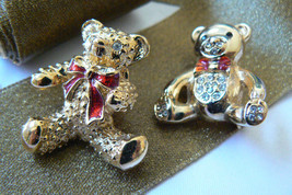 Lot of 2 gold tone metal enamel crystal Teddy Bears pin brooch &amp; tack ~cute~ - £31.34 GBP