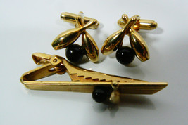 Vintage Anson Gold Tone Black Bowling Cuff Links & Tie Bar Clasp Pin Set - $35.10