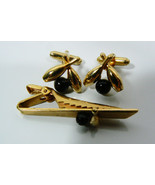 VINTAGE ANSON GOLD TONE BLACK BOWLING CUFF LINKS &amp; TIE BAR CLASP PIN SET - £28.05 GBP