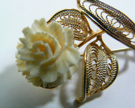 Vintage Gold tone metal filigree carved Rose Flower pin brooch Free ship... - £31.86 GBP