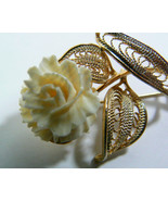 Vintage Gold tone metal filigree carved Rose Flower pin brooch Free ship... - £31.93 GBP