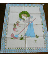 Vintage Linen Young Girl Gardener Straw Hat Flowers Pots White &amp; Blue Towel - £23.95 GBP