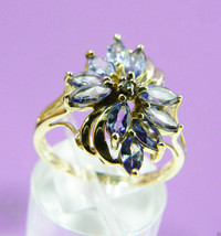 14k yellow gold Violet Blue Tanzanite Marquise Cut &amp; Diamond Flower Ring Sz 7.75 - £502.69 GBP