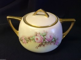 Vintage Hand Painted Porcelain Sugar Bowl W Lid Pink Gold Color Floral Design - £31.16 GBP