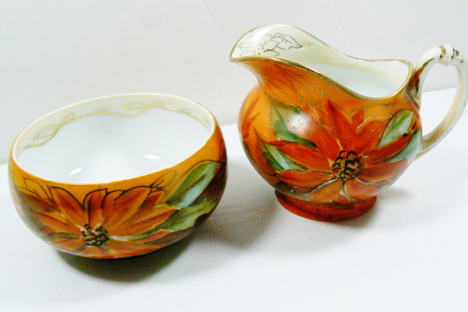 Vintage HEINRICH H & C Bavaria Hand Painted signed Sugar bowl & Creamer Set - $142.00