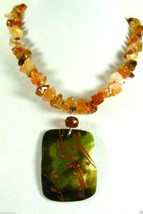 Hand Crafted Carnelian Nugget Handpainted Mother Of Pearl Shell Pendant Necklace - £24.65 GBP