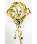 Vintage Gold Tone Mesh Clear Crystal Floral Dangle Charm Fashion Pin Brooch - £64.79 GBP