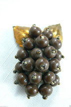 Vintage 1930&#39; Brown Beaded Grape Gold tone leaf pin brooch dress scarf c... - £55.02 GBP