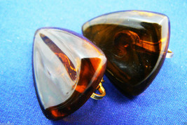 Vintage Gold Tone metal Cognac color Amber faux Clips Earrings - £25.54 GBP
