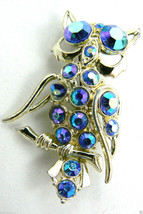 Vintage Silver tone metal Blue round  rhinestones Owl pin brooch $0 sh - £40.14 GBP