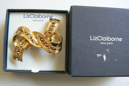 Liz Claiborne Gold tone metal Citrine color Rhinestone accent Bow Ribbon pin Box - £22.38 GBP