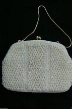 Vintage Hand Made White seed small Beaded Clutch Purse gold tone chain $... - £58.97 GBP