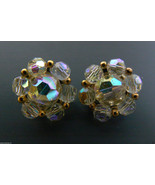 Vintage Lisner Gold TOne Metal  Aurora Borealis Beaded round clip earrin... - £54.35 GBP