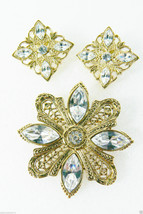 Fancy Gold Tone Metal filigree marquis cut stones Pin Brooch &amp; Earrings - £30.76 GBP
