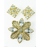 Fancy Gold Tone Metal filigree marquis cut stones Pin Brooch &amp; Earrings - £30.97 GBP