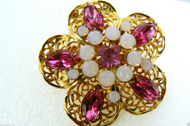 Vintage Gold Tone Pink &amp; Opalite Crystal Rhinestone Pin Brooch Flower - £39.92 GBP