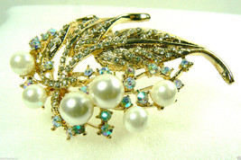 Gold tone metal white pearl faux aurora borealis crystal rhinestones floral pin - £27.85 GBP