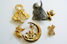 Lot of 6 Angel Cupid gold &amp; silver tone Metal Crystal rhinestones pin Brooch - £31.17 GBP