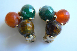 Vintage Kramer signed Gold tone metal Multi-color three bead Clips Earrings - £25.48 GBP