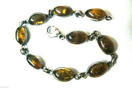 VTG Honey color Amber Stone Sterling Silver 925 7.25&quot;L link  Bracelet - £82.47 GBP