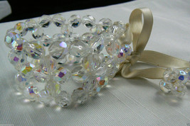 Aurora Borealis Crystal bead crocheted Bracelet Satin Ribbon Tie $0 sh One size - £37.65 GBP