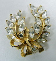 Vintage Gold Tone Clear Marquise Cut Crystal Floral Leaf Bow Pin Brooch - £65.54 GBP