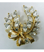 Vintage Gold Tone Clear Marquise Cut Crystal Floral Leaf Bow Pin Brooch - £64.79 GBP