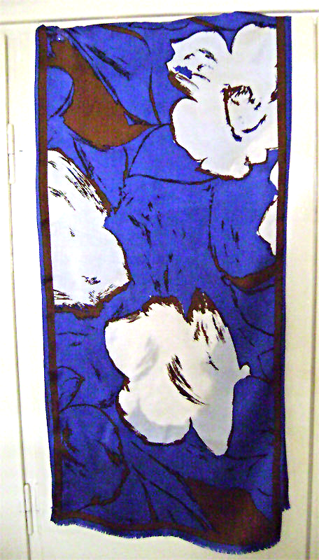 Vintage Albert Nippon Silk Scarf Royal Blue, Brown, White Flower Fringe