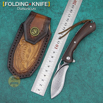 Drop Point Folding Knife Pocket Hunting Tactical Survival Damascus Steel Wood 3&quot; - £52.95 GBP