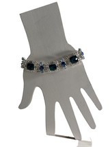 Vintage Napier Paneled Bracelet Silver Tone Blue Faceted Stones Ornate 8&quot; Long - £42.57 GBP