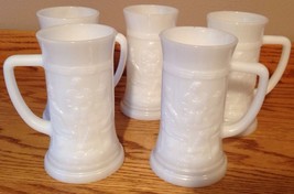 Vintage Federal Milk Glass Steins Pressed Pub / Tavern Scene - Lot Of 5 Mugs - $19.41