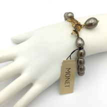 MONET faux pearl bead bracelet w/ brown rhinestone detail - NEW elastic stretch - £14.38 GBP