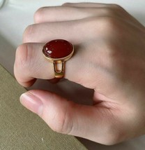 Women&#39;s Oval Red Agate Open Band Adjustable Solitaire Ring 18K Yellow Gold Over - £65.66 GBP
