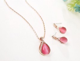 Rose Gold Plated Rose Red Crystal Rhinestone Faux Cat eye&#39;s Stone Jewelr... - $26.99