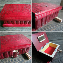 Wooden Puzzle Jewelry Red Box With Secret Hidden Locked Compartment Key Handmade - £47.74 GBP