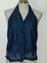 Womens Blue Jean Halter Top Size Small to Medium Embellished Flowers - £11.78 GBP