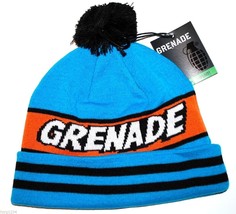 Grenade Comic Striped Blue Knit Pom Pom Beanie Winter Hat Toque - $18.04