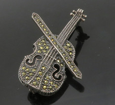 925 Sterling Silver - Vintage Marcasite Violin Music Motif Brooch Pin - BP5883 - £60.41 GBP