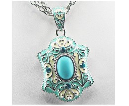 Turquoise Enamel 925 Sterling Silver Jewelry Set Necklace &amp; Pendant  - $19.99