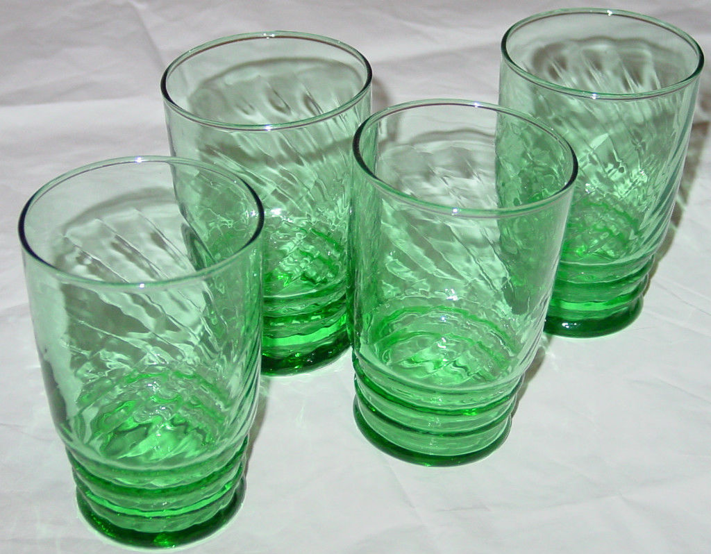 GLASSES DRINKING 13 LIBBEY SAFE EDGE GLASSES GREEN SWIRL VINTAGE - $10.00