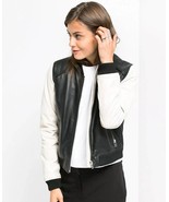 Chaqueta de cuero blanco y negro hecha a mano real para motociclista 100... - $172.62 CAD+