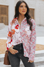 Women&#39;s Red Floral Patchwork Buttoned Shirt with Pocket - £30.55 GBP