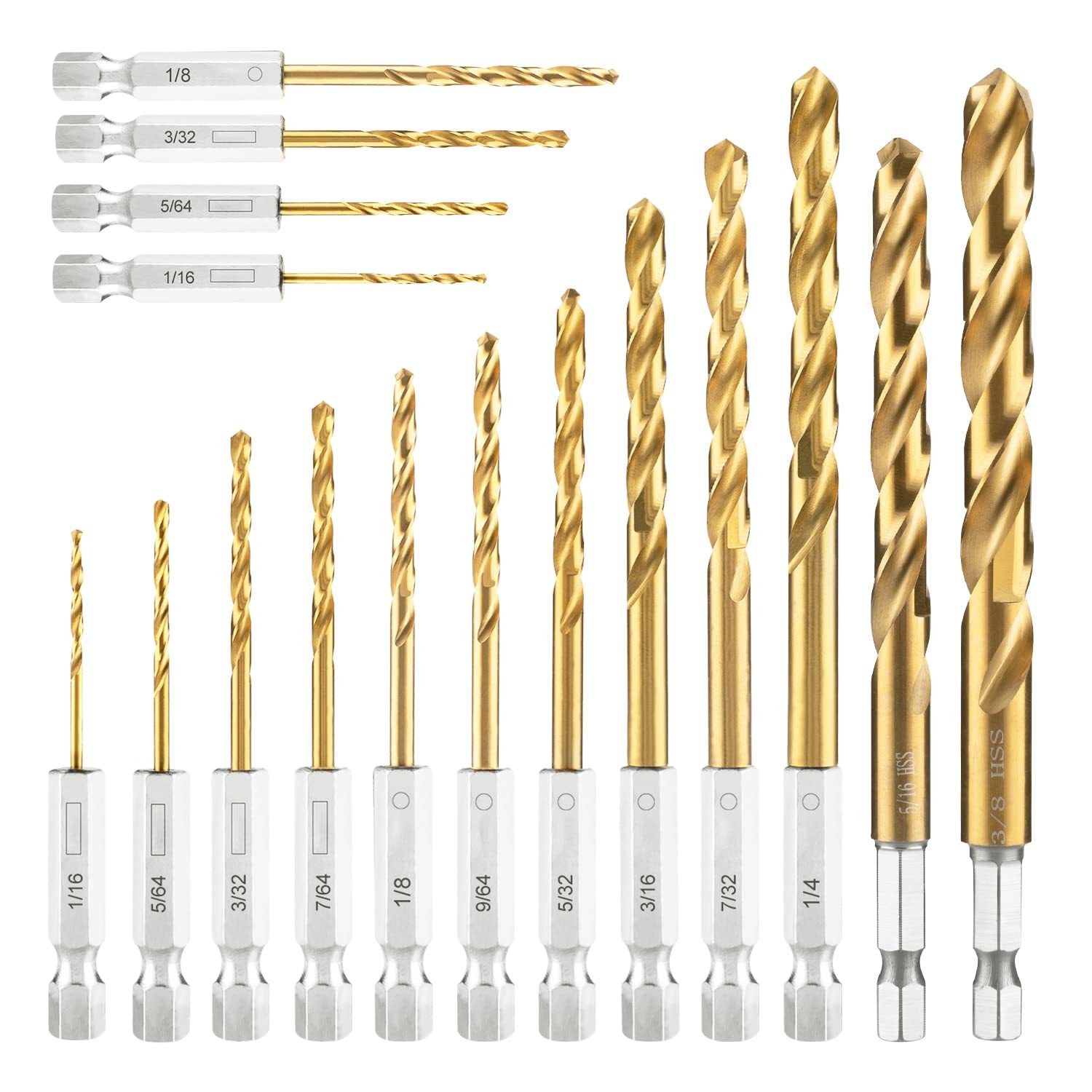Amoolo Hex Shank Drill Bit Set, 16Pcs Titanium Hss Twist Impact, 1/16”-3/8” - $42.96