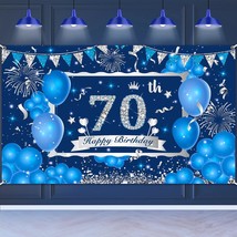 Blue 70Th Birthday Decorations Banner For Men Women, Navy Blue Silver Happy 70Th - £17.62 GBP